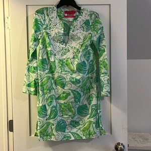 white, green and blue printed Lilly dress with beading and embroidery